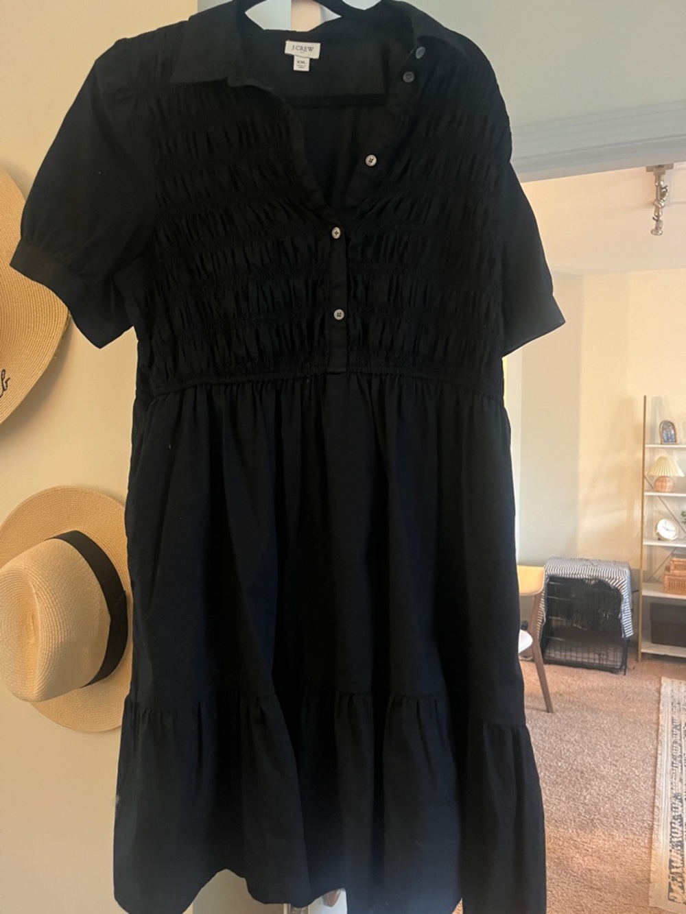 Jcrew Factory Black Short Sleeve Smocked Tiered Midi Dress